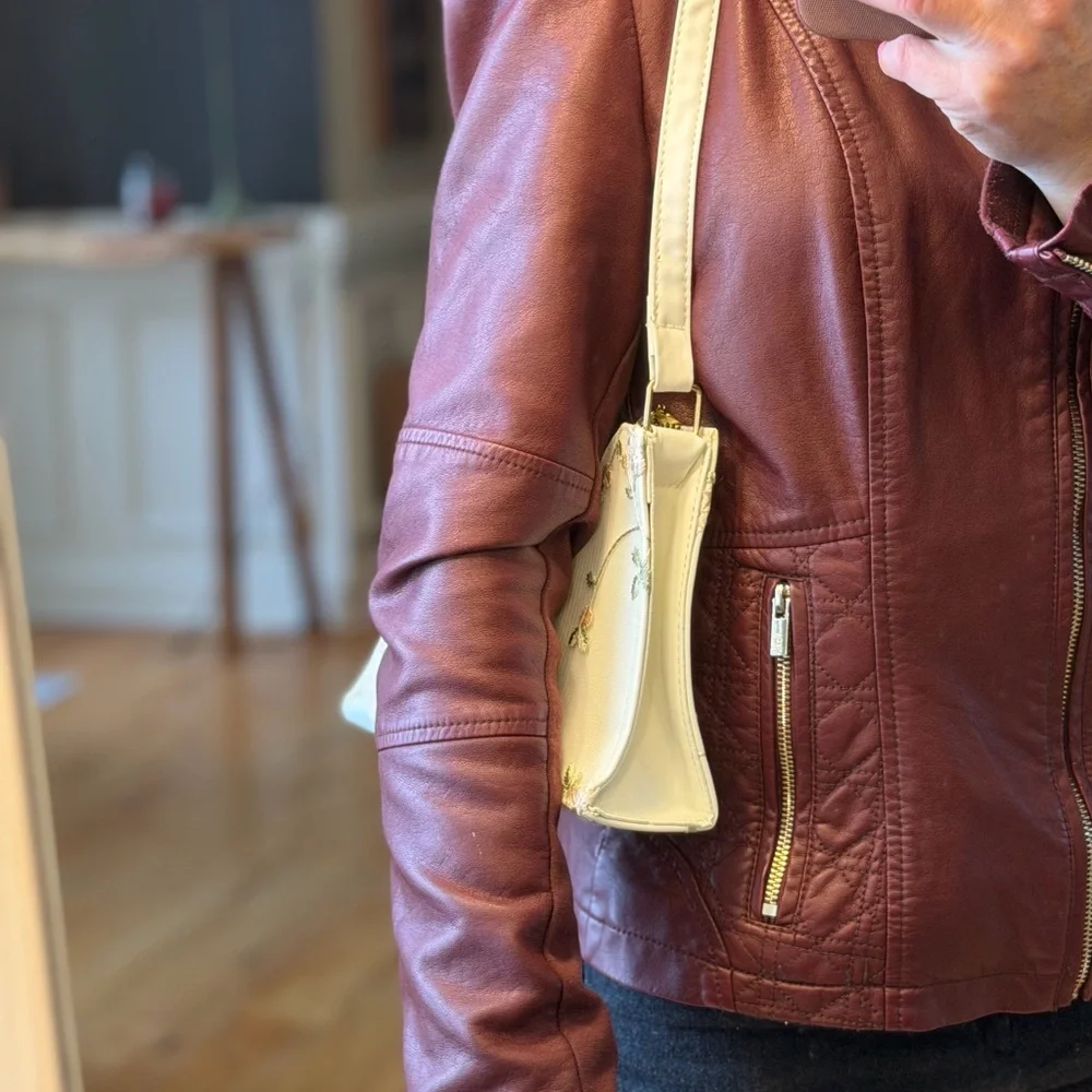 Floral Embroidered Faux Leather Baguette Bag